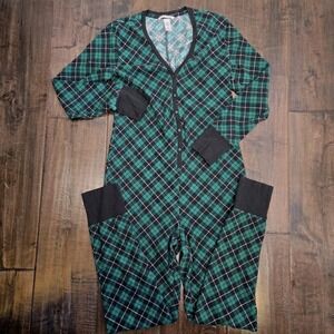 Victoria's Secret Green Plaid Thermal Long John One Piece Pajamas Size L Cozy
